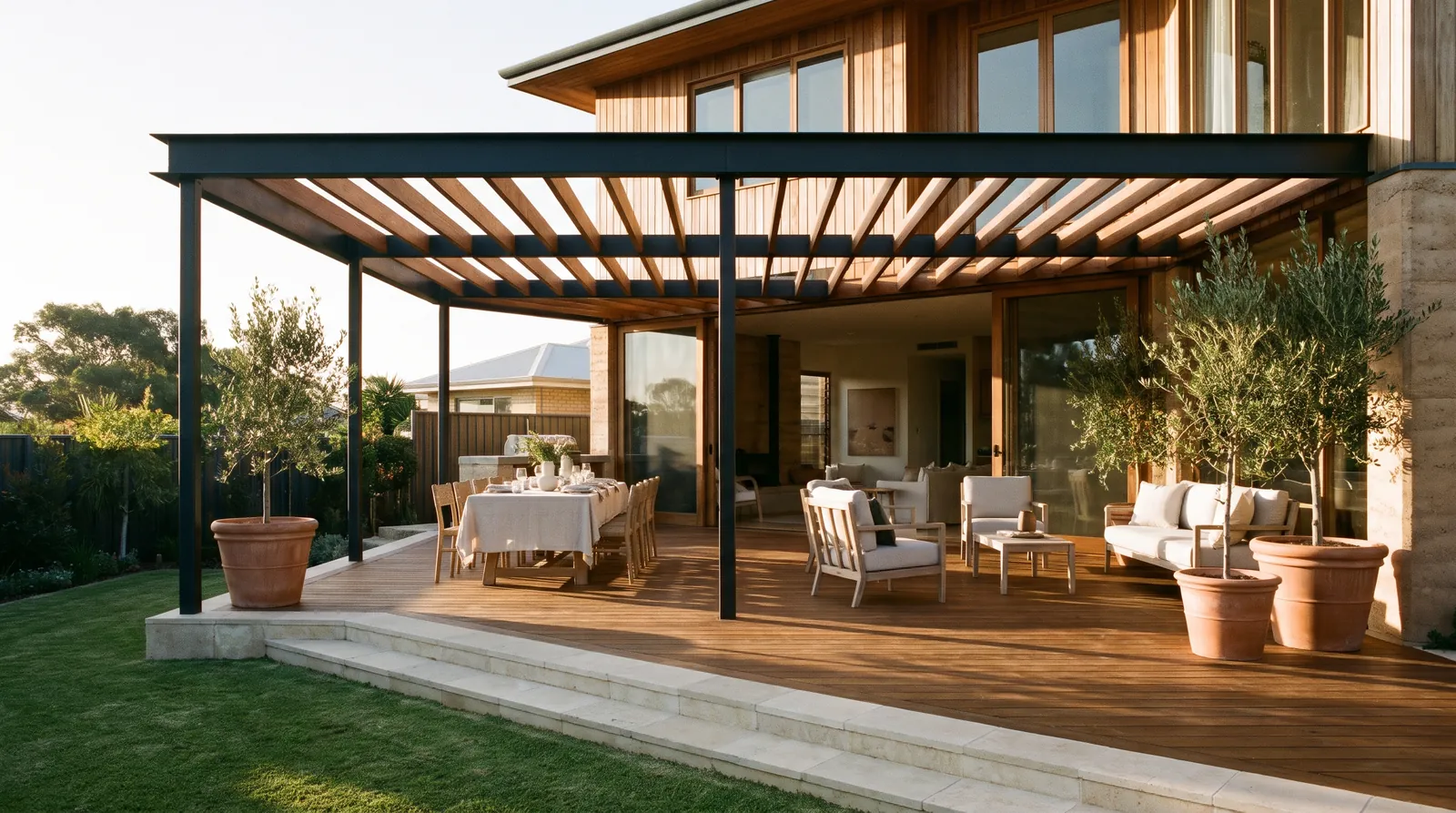 A timber and black steel pergola over a hardwood deck with outdoor dining